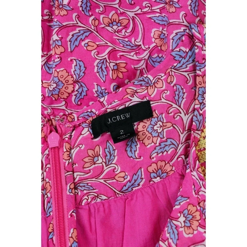 Sz 2 J. Crew Cotton Embroidered Tie Waist Romper In Pink Vines Block Print EUC